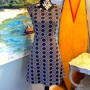 NWT,Loft Petite,COOL Fit & FlareDress,Side Zipper,Grays& Blues-White Geo-Circles